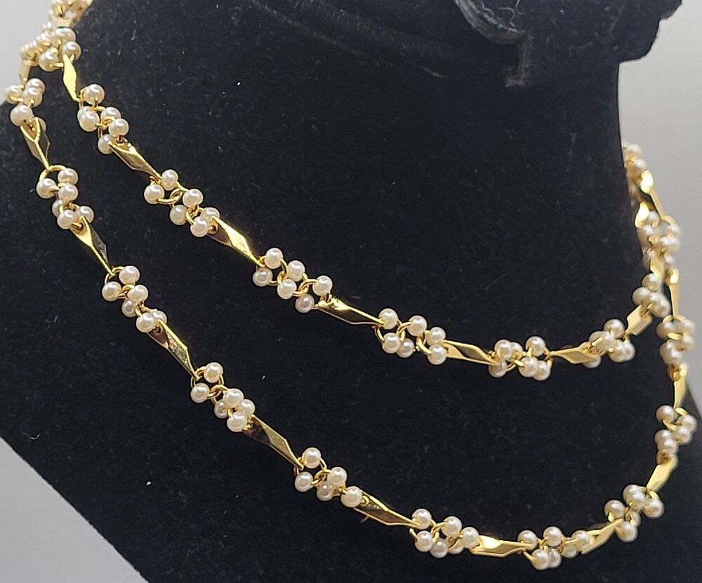 Vintage Napier Unsigned Gold Tone Seed Pearl Cluster Chain Necklace 1980s 29in